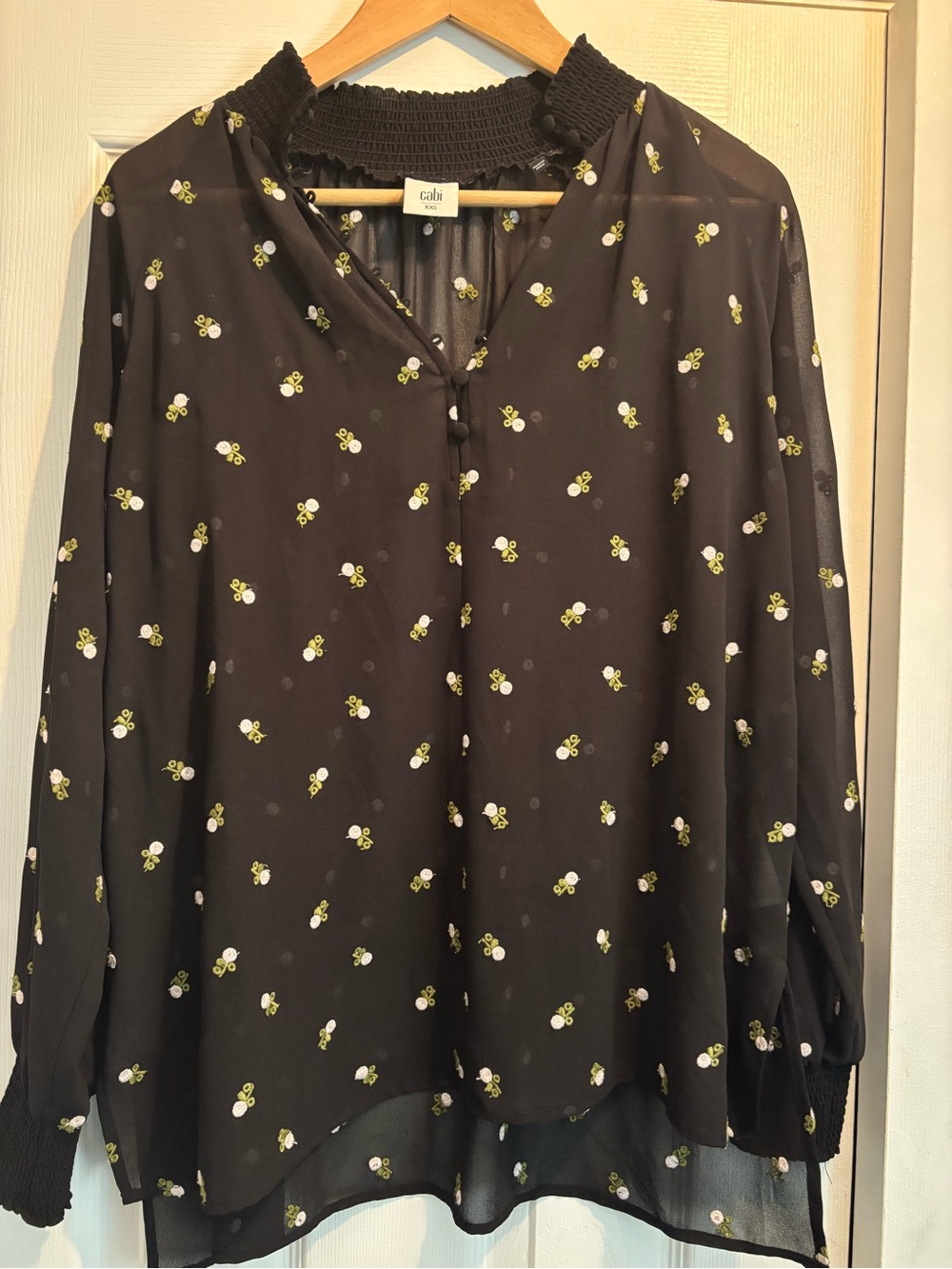CAbi Black Blouse with Yellow & White Floral Print